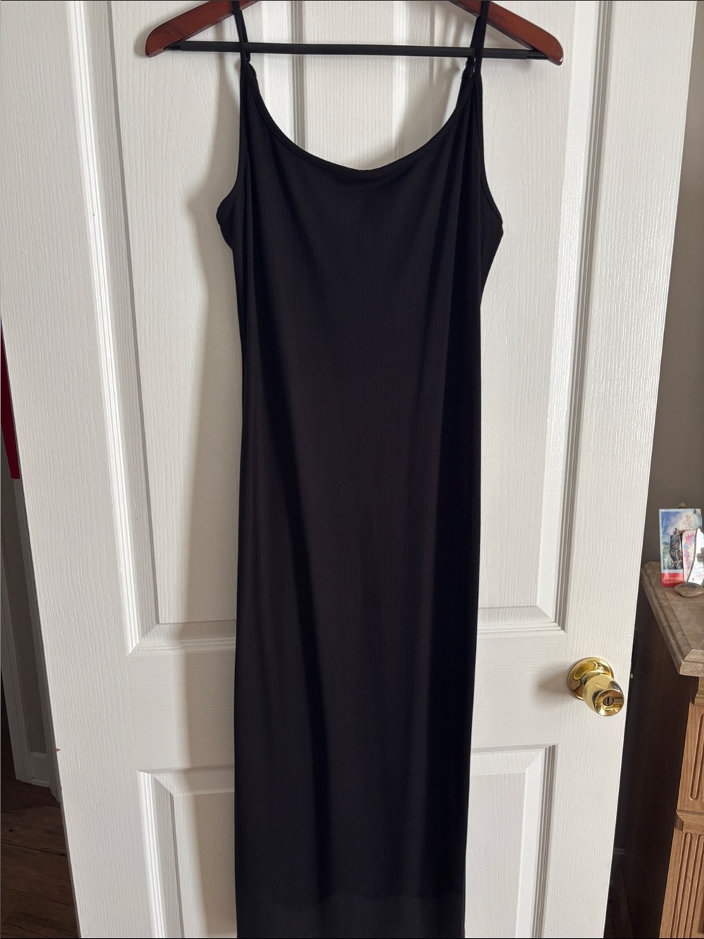 NWOT-bebe Black Ribbed Slip Maxi Dress with Adjustable Straps, never worn